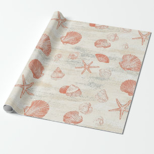 Papel De Regalo Conchas de playa vintage con coral y estrellas de