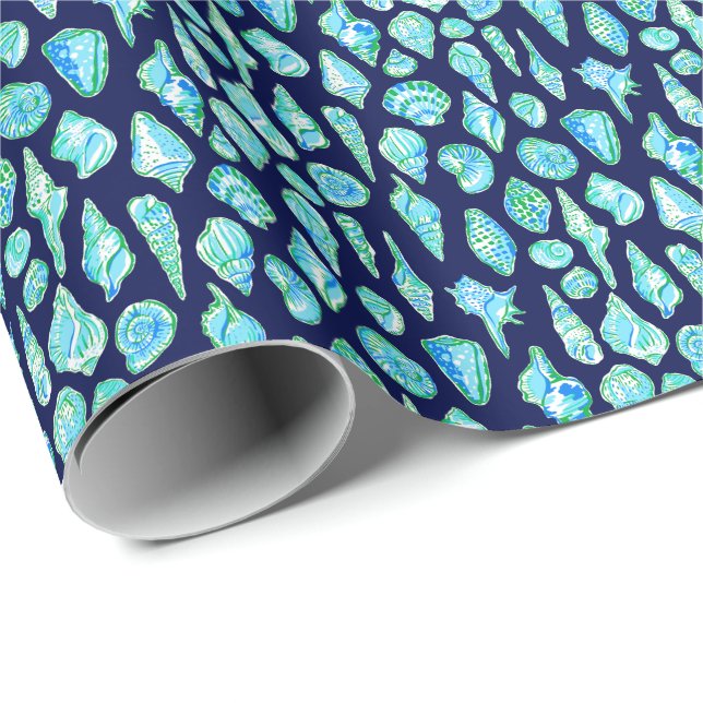 Papel De Regalo Conchas preppy sobre fondo de navy (Esquina del rollo)