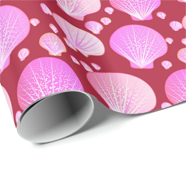 Papel De Regalo Conchas rosadas sobre un fondo burdeos (Esquina del rollo)