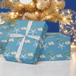 Papel De Regalo Conchas y Estrellas de Mar Con Pino de Navidad