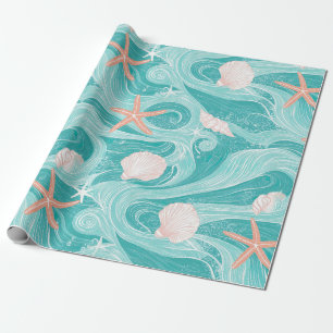 Papel De Regalo Conchas y olas del océano Patrón (13)