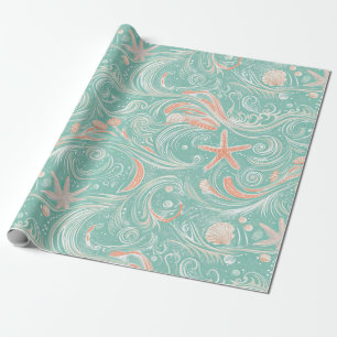 Papel De Regalo Conchas y olas del océano Patrón (4)