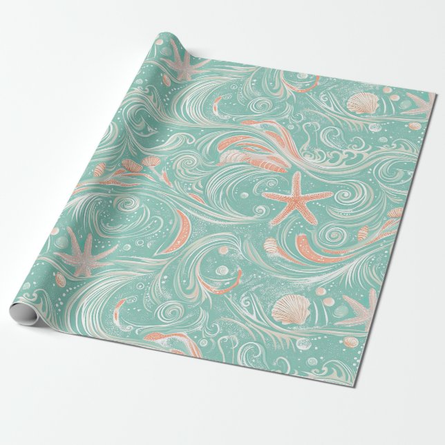 Papel De Regalo Conchas y olas del océano Patrón (4) (Desenrollado)