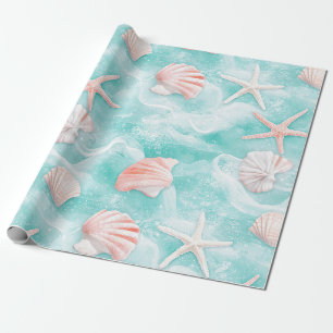 Papel De Regalo Conchas y patrón de olas del océano (1)