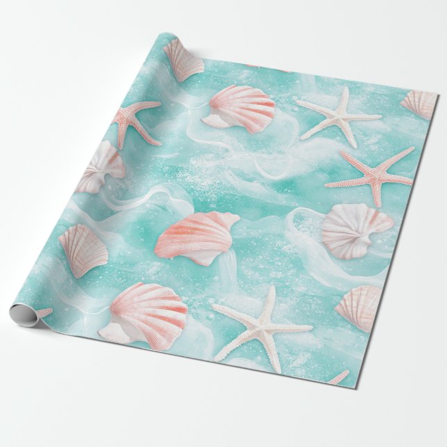 Papel De Regalo Conchas y patrón de olas del océano (1) (Desenrollado)