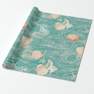 Papel De Regalo Conchas y patrón de olas del océano (10)