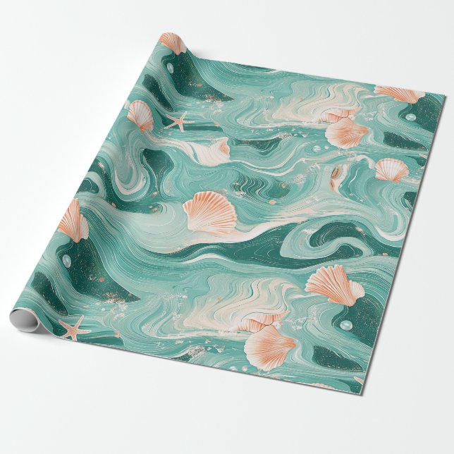 Papel De Regalo Conchas y patrón de olas del océano (6) (Desenrollado)
