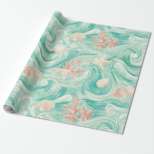 Papel De Regalo Conchas y patrón de olas del océano (8)