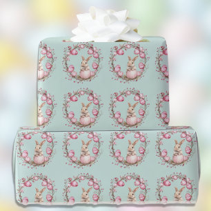 Papel De Regalo Conejito con huevos de Pascua rosados y guirnaldas