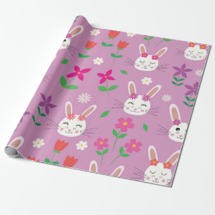 Papel De Regalo Conejito de Pascua con flores rosadas, moradas y n