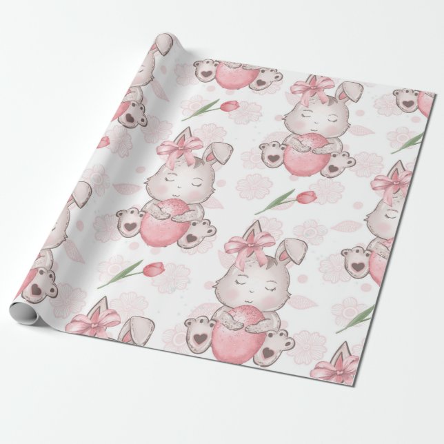Papel De Regalo Conejito de Pascua Rosa Adorable (Desenrollado)