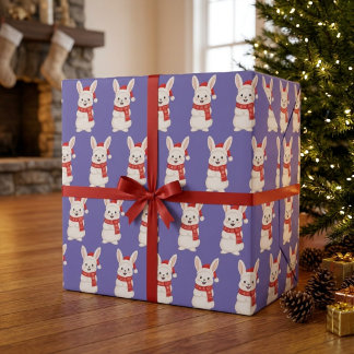 Papel De Regalo Conejito de Santa lindo patrón de Navidad púrpura