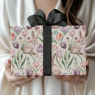 Papel De Regalo Conejito Gris Adorable con Tulipanes Coloridos
