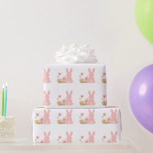 Papel De Regalo Conejito rosa de Pascua con flores de primavera 