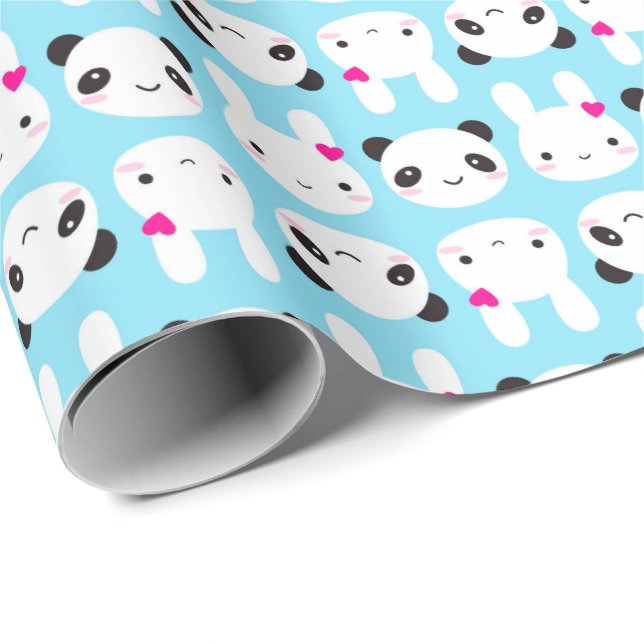 Papel De Regalo Conejito y panda lindos estupendos de Kawaii (Esquina del rollo)