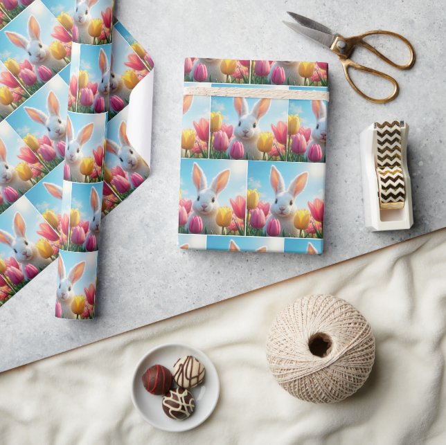 Papel De Regalo Conejo Blanco en un Jardín de Tulipanes (Artesanía)