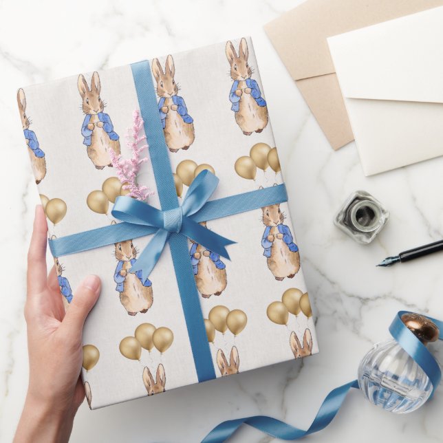 Papel De Regalo Conejo clásico sosteniendo globos de oro (Regalar)