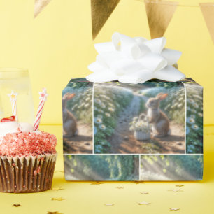 Papel De Regalo Conejo con una canasta de maricas blancas
