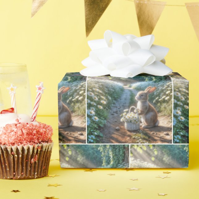 Papel De Regalo Conejo con una canasta de maricas blancas (Fiesta de cumpleaños )