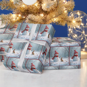 Papel De Regalo Conejo de invierno con un hombre de nieve