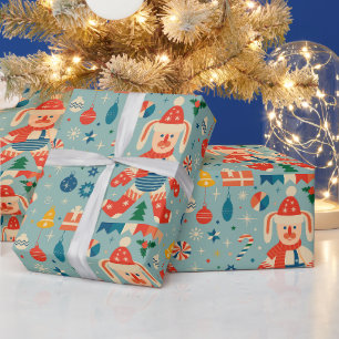 Papel De Regalo Conejo de Navidad vintage, adornos y bastón de car