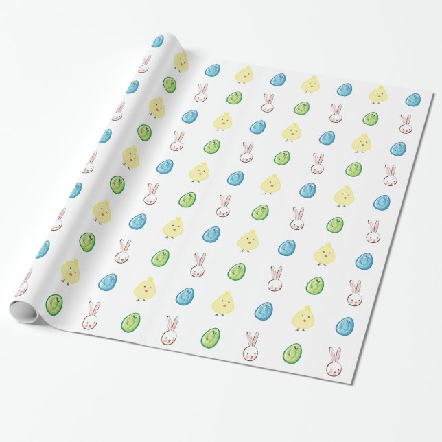 Papel De Regalo Conejo de Pascua, Chick y Huevos de Pascua (Desenrollado)
