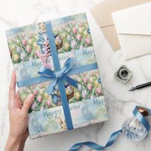 Conejo de Pascua en un prado de tulipanes