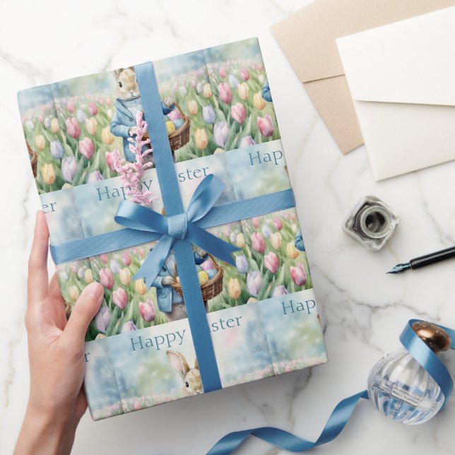 Papel De Regalo Conejo de Pascua en un prado de tulipanes (Regalar)