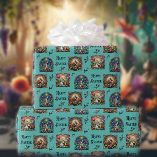 Papel De Regalo Conejo de Pascua Feliz Teal Elegante Vidrio Emplom