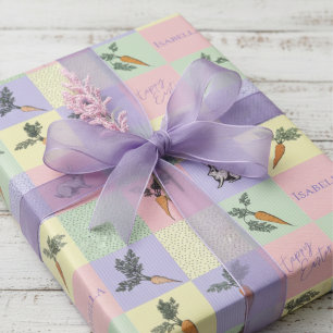 Papel De Regalo Conejo de Pascua Feliz y Cuadrados de Zanahoria