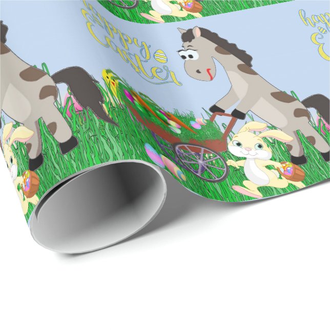 Papel De Regalo Conejo de Pascua y Caballo Recolectando Huevos y Z (Esquina del rollo)