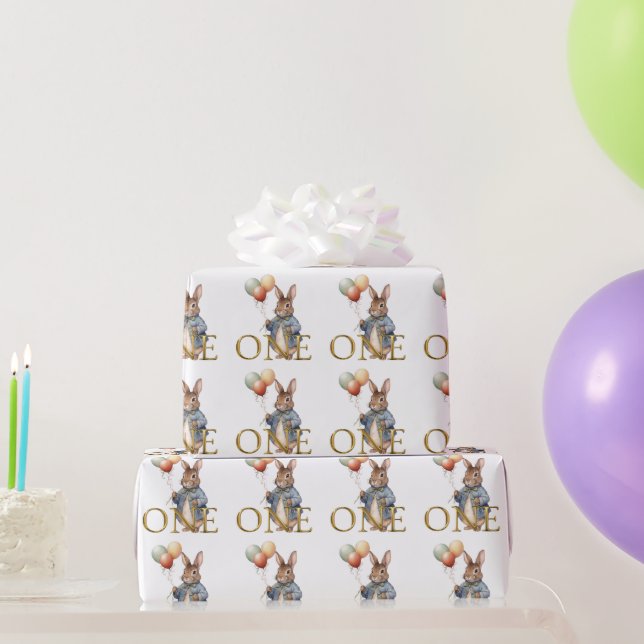 Papel De Regalo Conejo de primer cumpleaños con globos  (Regalos de fiesta)