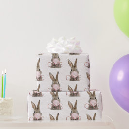 Papel De Regalo Conejo de primer cumpleaños soplando chicle rosa
