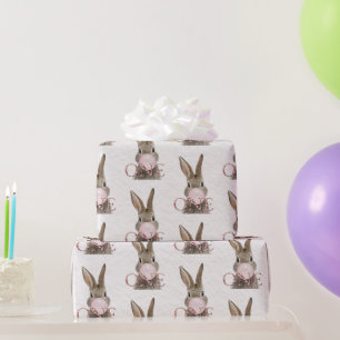 Papel De Regalo Conejo de primer cumpleaños soplando chicle rosa