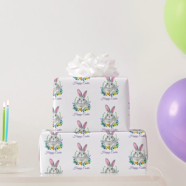 Papel De Regalo Conejo floral morado y amarillo Feliz Pascua (Regalos de fiesta)