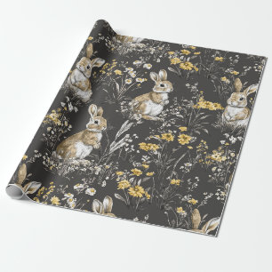 Papel De Regalo Conejo Floral Toile de Patrón Cottagecore Negro