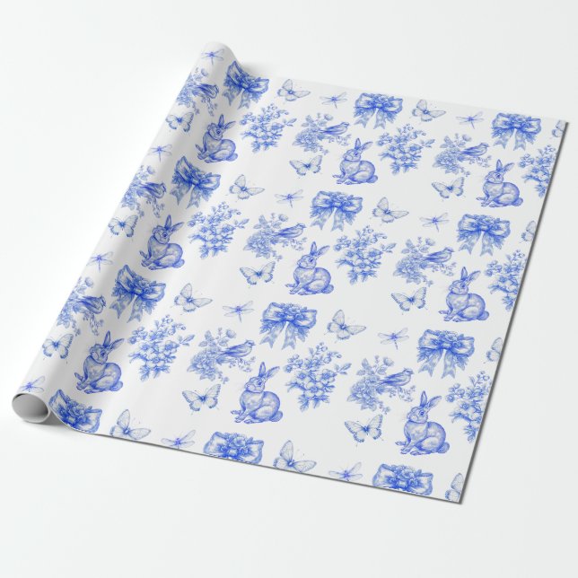 Papel De Regalo Conejo Jardín Chinoiserie Azul (Desenrollado)