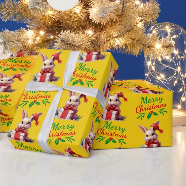 Papel De Regalo Conejo navideño amarillo con mora (Vacaciones)