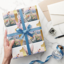 Papel De Regalo Conejo soplando chicle azul cumpleaños primero