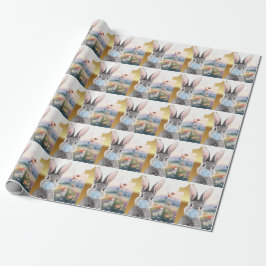 Papel De Regalo Conejo soplando chicle azul cumpleaños primero