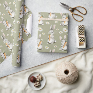 Papel De Regalo Conejos con Zanahorias Flores de Margarita Verdes