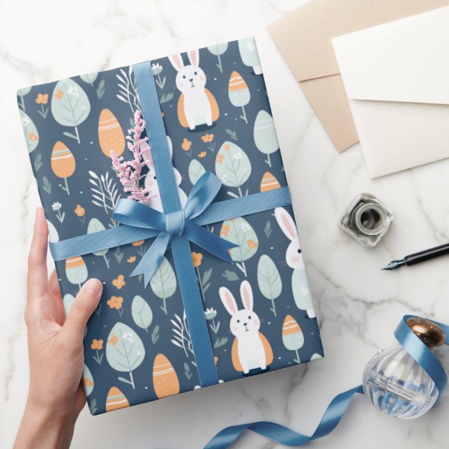Papel De Regalo Conejos Jardín Azul Y Naranja (Regalar)
