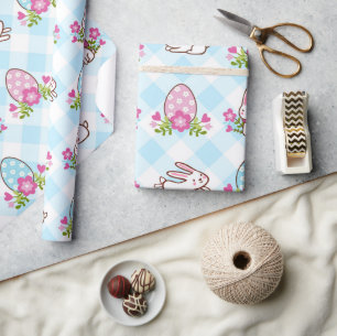 Papel De Regalo Conejos y Huevos de Cuadro Azul