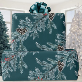 Papel De Regalo Cones Blue Spruce Red Ilex Berries Garland Verde a