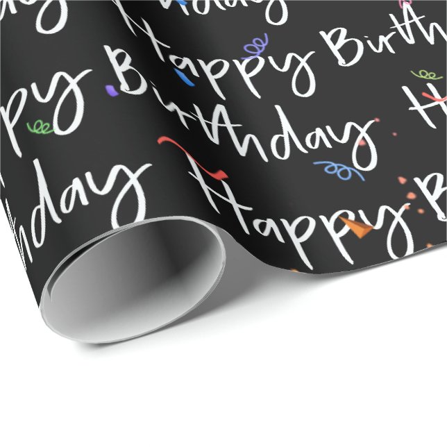 Papel De Regalo Confeti de Feliz Cumpleaños sobre Negro (Esquina del rollo)