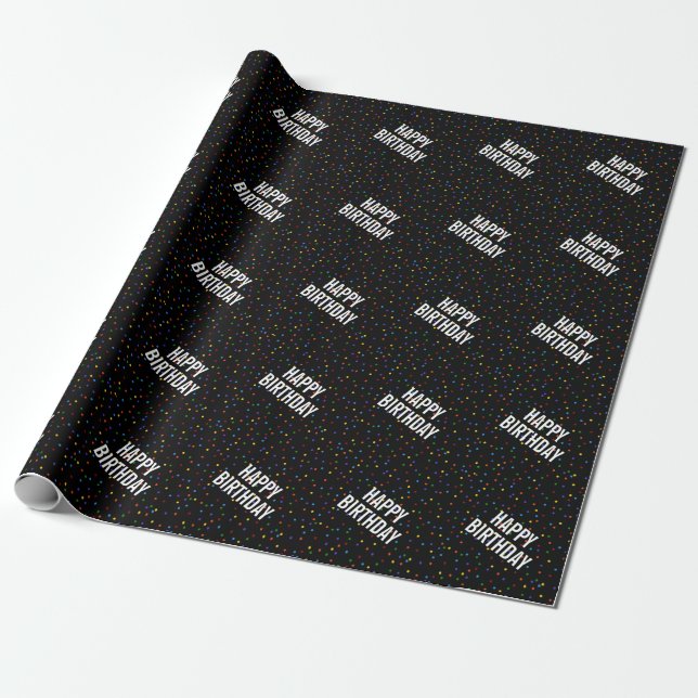 Papel De Regalo Confeti de Lunares de Arcoíris Negro Feliz Cumplea (Desenrollado)