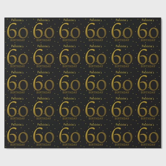 Papel De Regalo Confetti negro y oro cumple 60 años (Superficie plana)