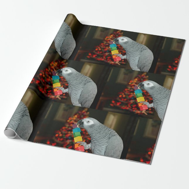 Papel De Regalo Congo: Loro gris africano, árbol navideño (Desenrollado)