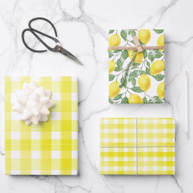 Papel de regalo conjunto amarillo limón verde marg (Anverso)