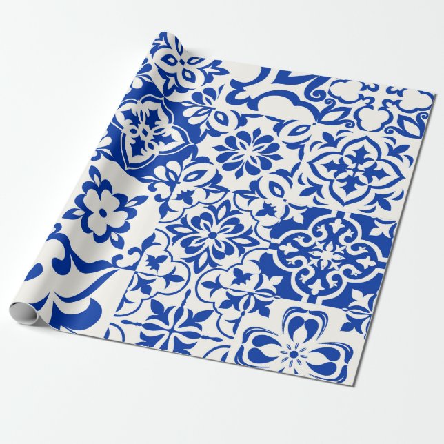 Papel De Regalo Conjunto de 16 azulejos azules y blancos. Original (Desenrollado)